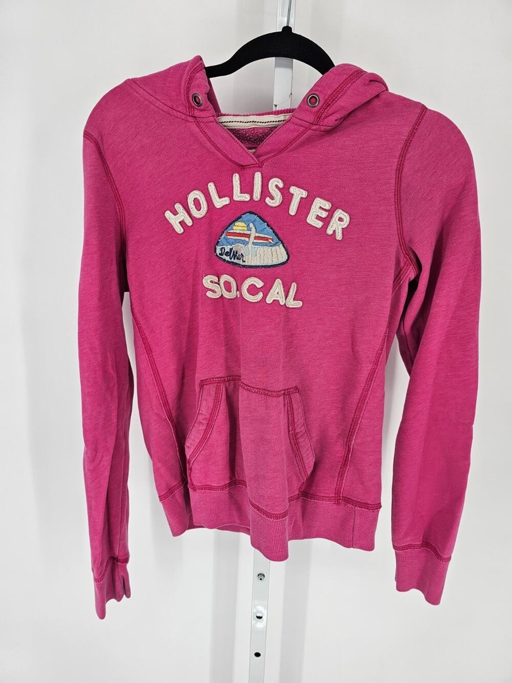 Vintage Y2K Hollister Womens Sz L Pullover Hoodie Bright Pink Embroidered